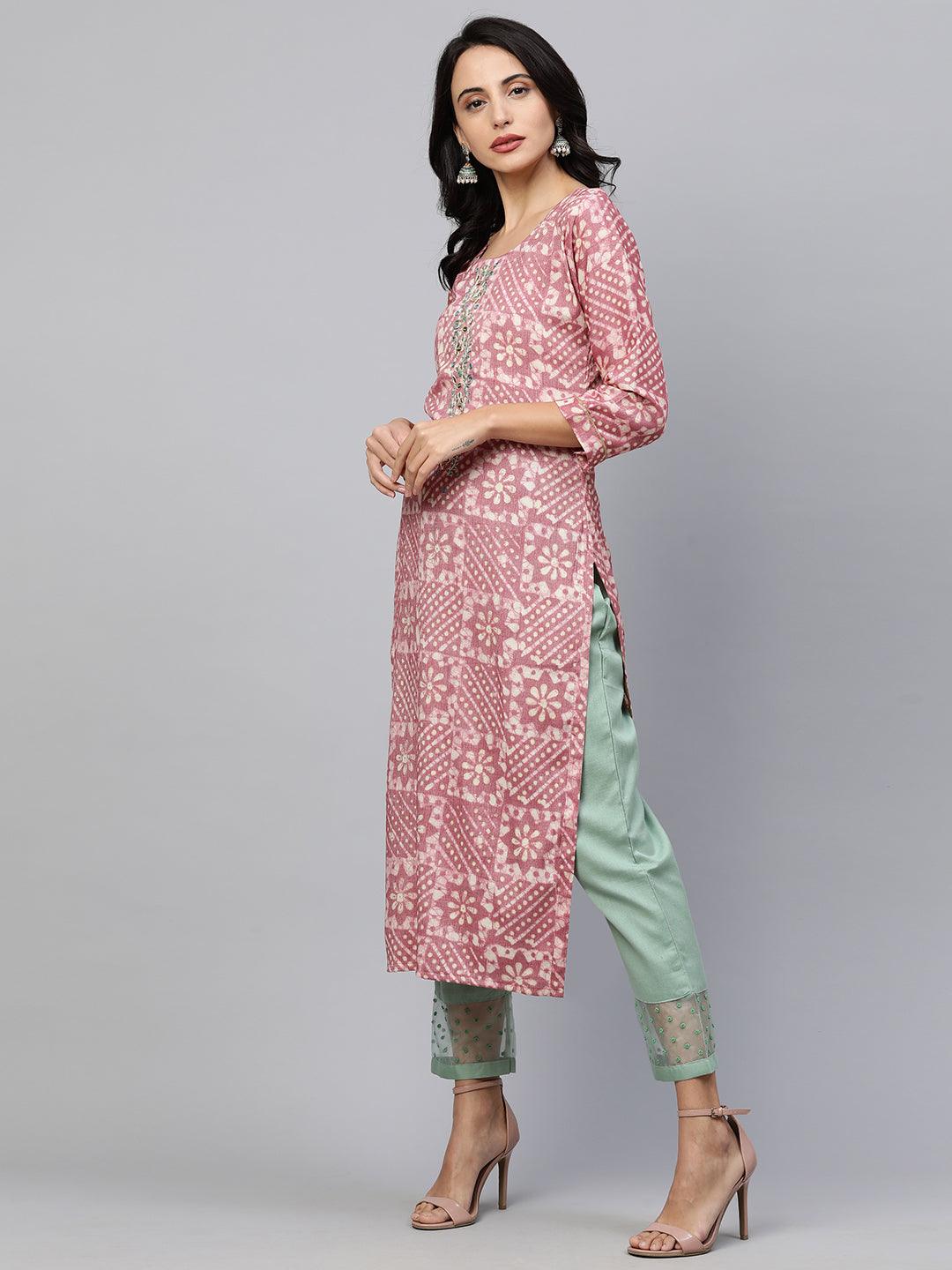 Ethnic Printed & Embroidered Straight Kurta - Rose Dawn - Indiakreations