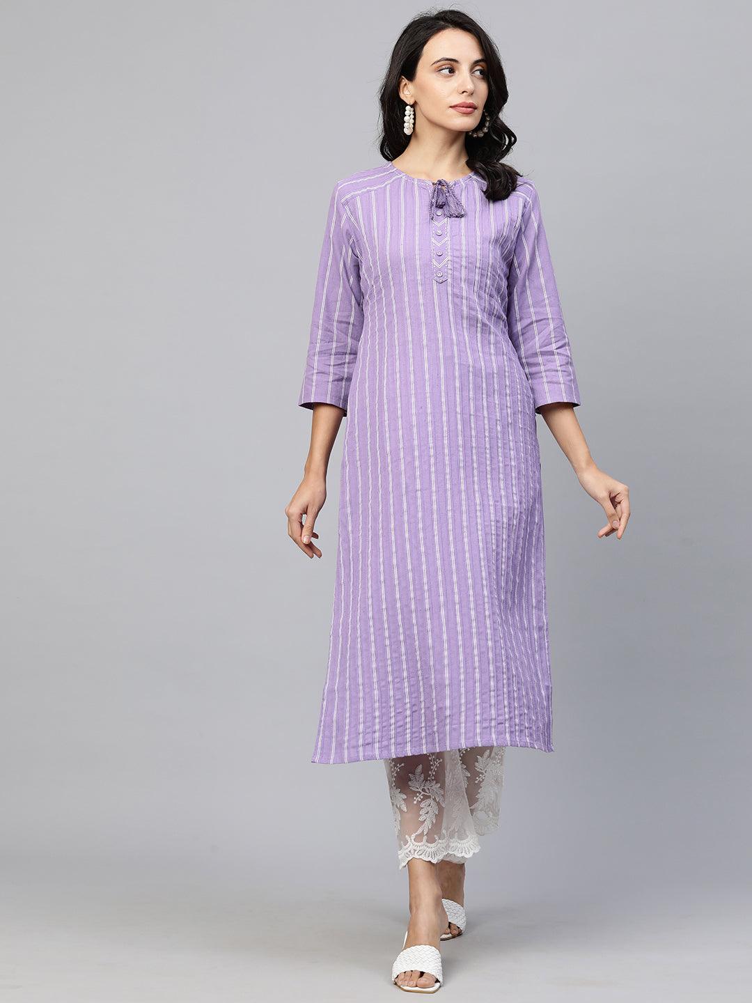 Printed & Pintuck Striped Straight Kurta - Lavender - Indiakreations