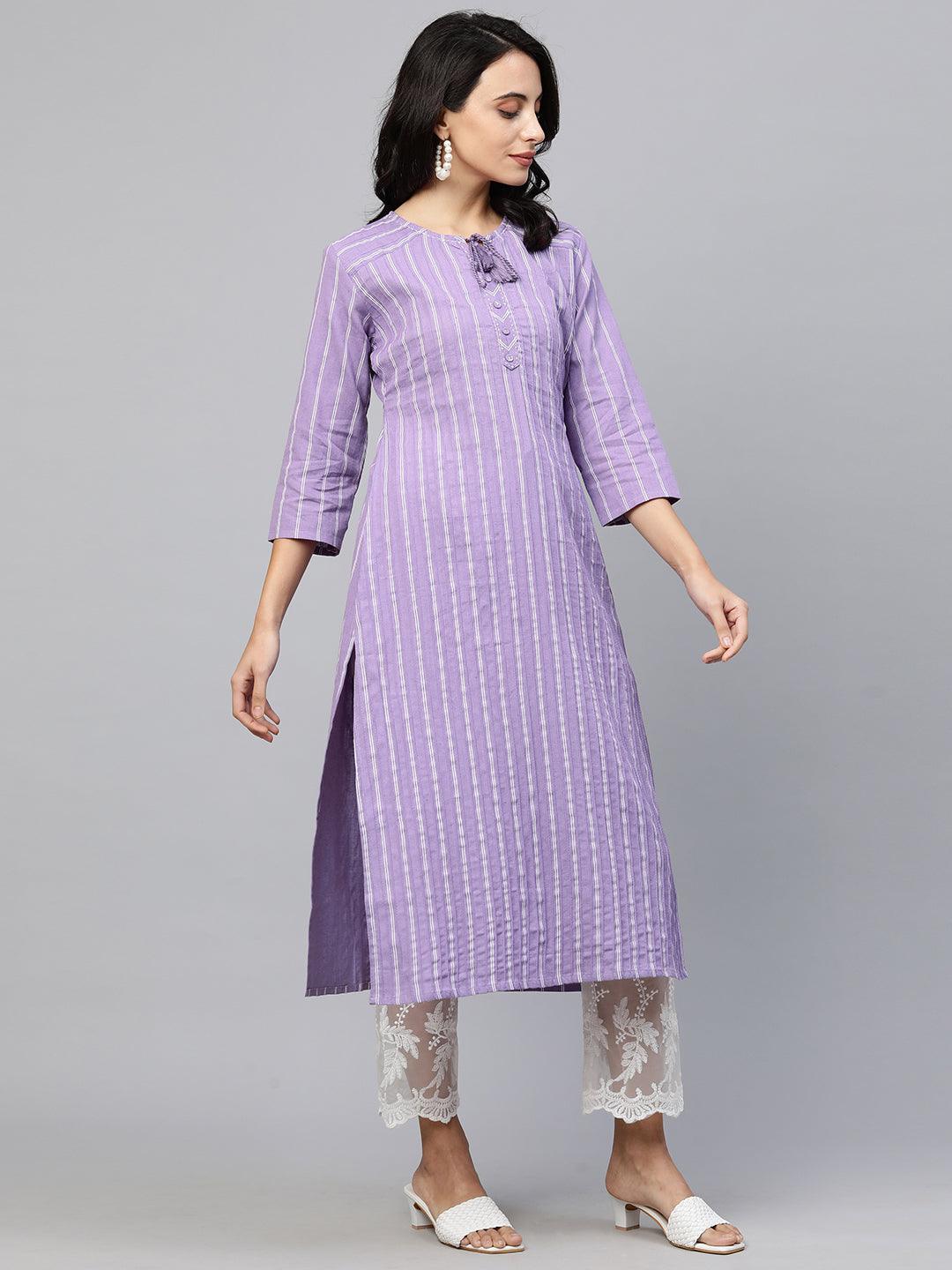 Printed & Pintuck Striped Straight Kurta - Lavender - Indiakreations