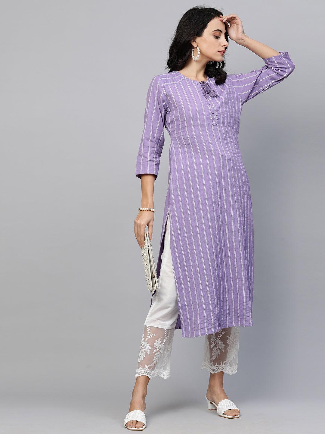 Printed & Pintuck Striped Straight Kurta - Lavender - Indiakreations