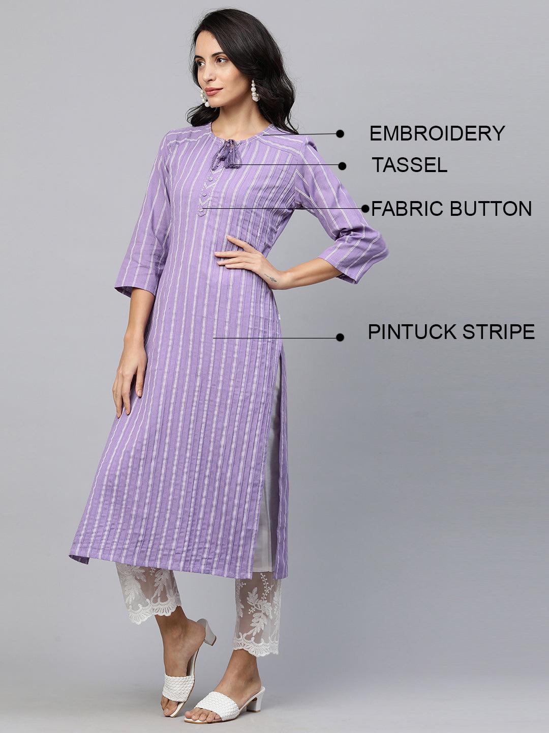 Printed & Pintuck Striped Straight Kurta - Lavender - Indiakreations