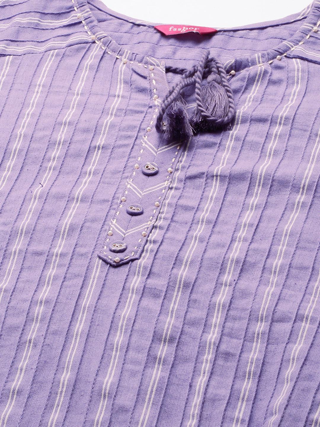 Printed & Pintuck Striped Straight Kurta - Lavender - Indiakreations