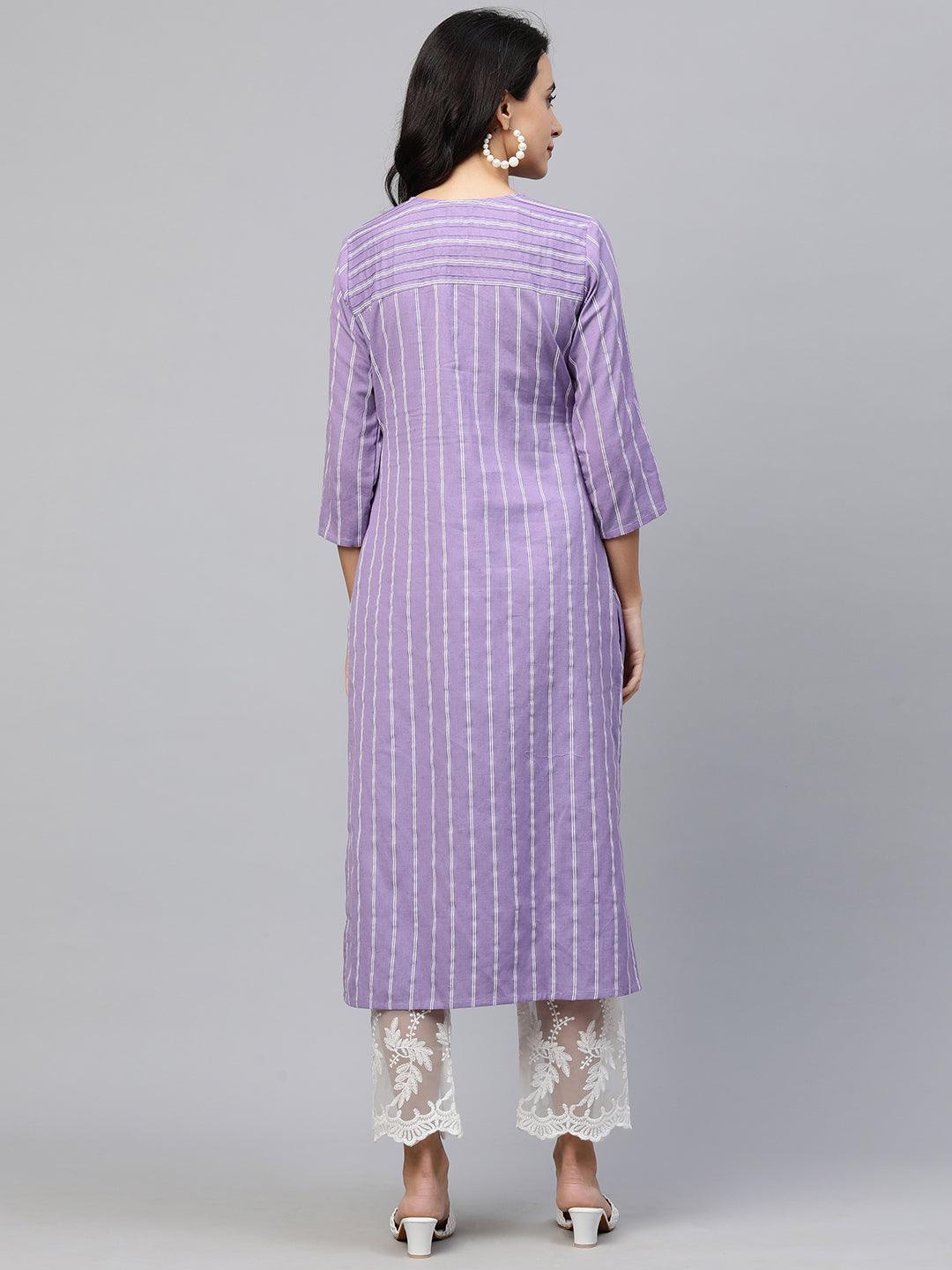 Printed & Pintuck Striped Straight Kurta - Lavender - Indiakreations