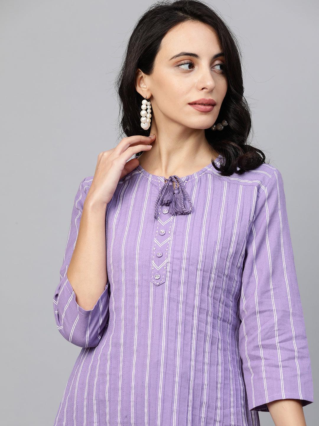 Printed & Pintuck Striped Straight Kurta - Lavender - Indiakreations