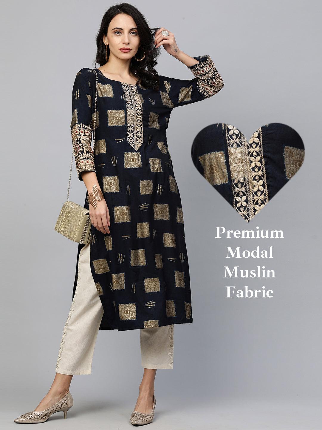 Marodi Embroidered & Printed Straight Kurta - Navy Blue - Indiakreations