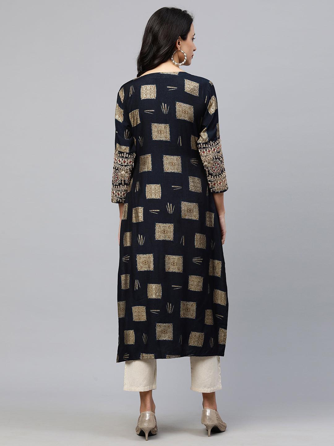 Marodi Embroidered & Printed Straight Kurta - Navy Blue - Indiakreations