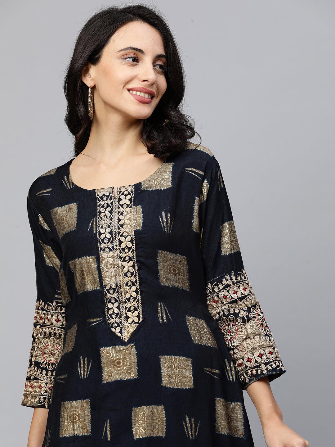 Marodi Embroidered & Printed Straight Kurta - Navy Blue - Indiakreations