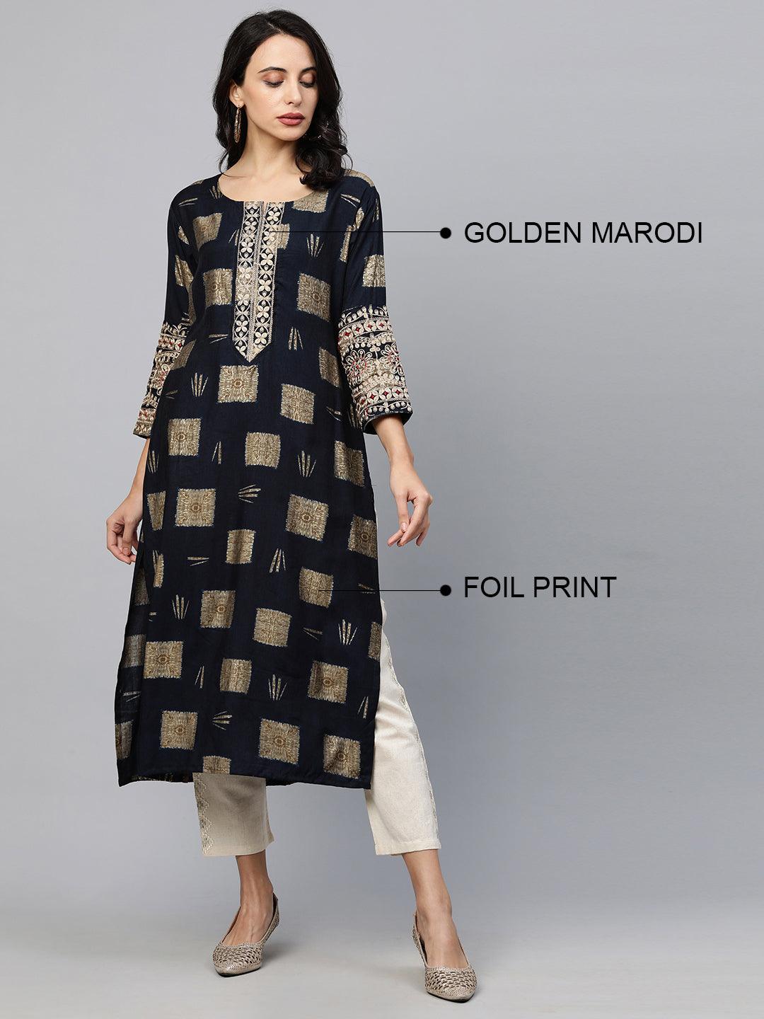 Marodi Embroidered & Printed Straight Kurta - Navy Blue - Indiakreations