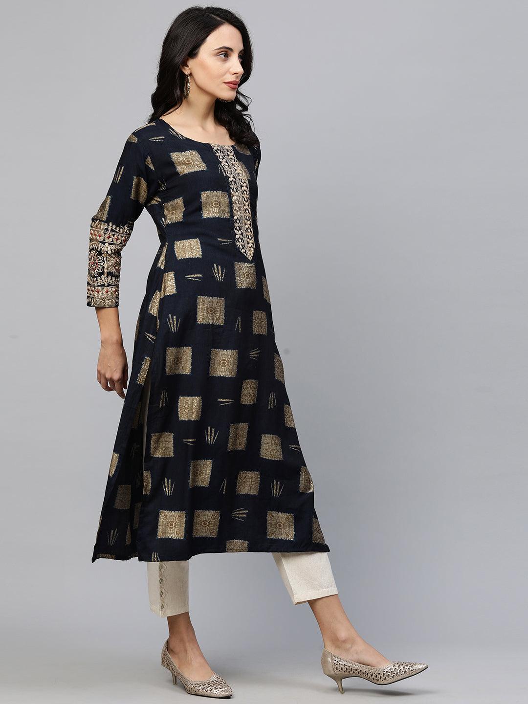 Marodi Embroidered & Printed Straight Kurta - Navy Blue - Indiakreations