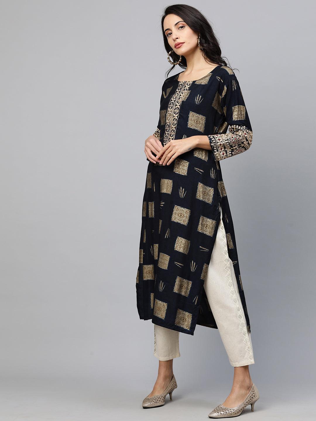 Marodi Embroidered & Printed Straight Kurta - Navy Blue - Indiakreations