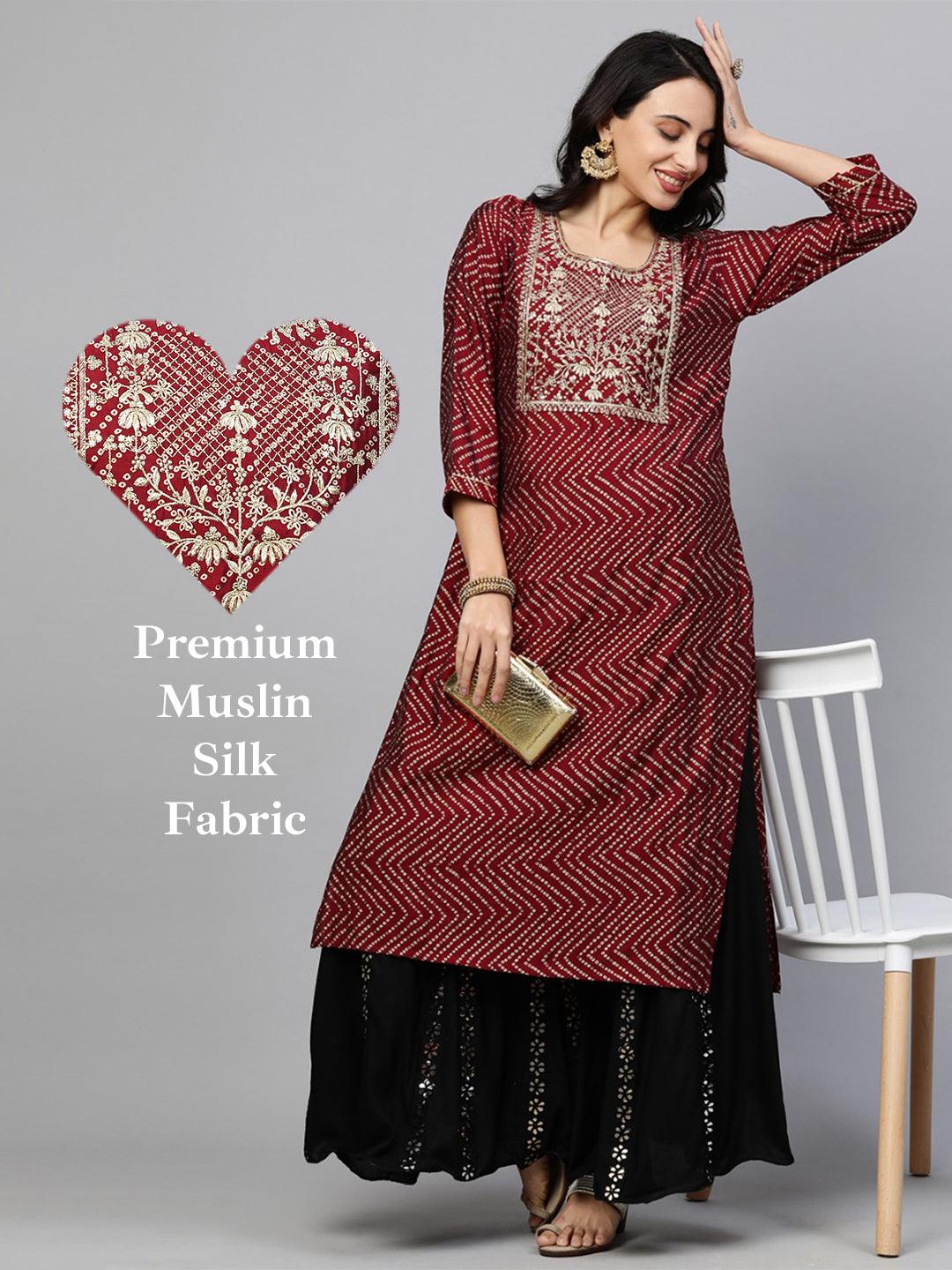 Festive Zari Embroidered & Bandhani Kurta - Deep Maroon - Indiakreations