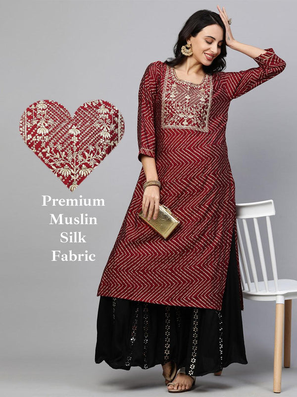 Festive Zari Embroidered & Bandhani Kurta - Deep Maroon - Indiakreations