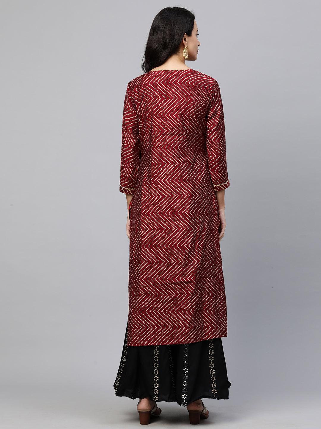 Festive Zari Embroidered & Bandhani Kurta - Deep Maroon - Indiakreations