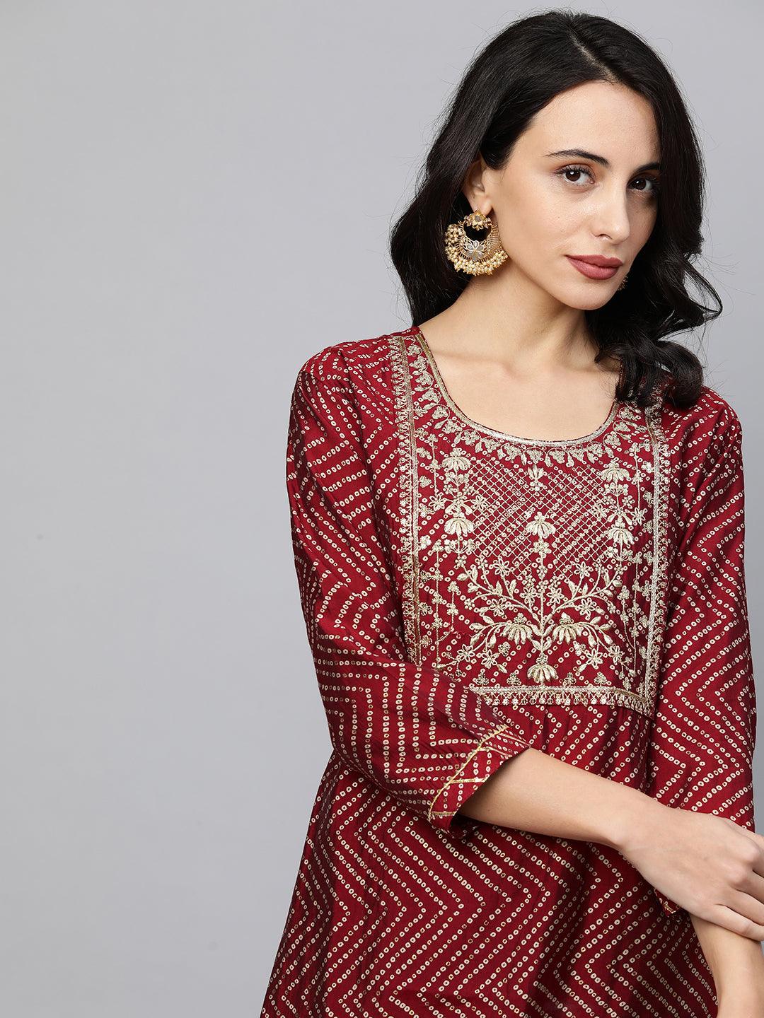 Festive Zari Embroidered & Bandhani Kurta - Deep Maroon - Indiakreations