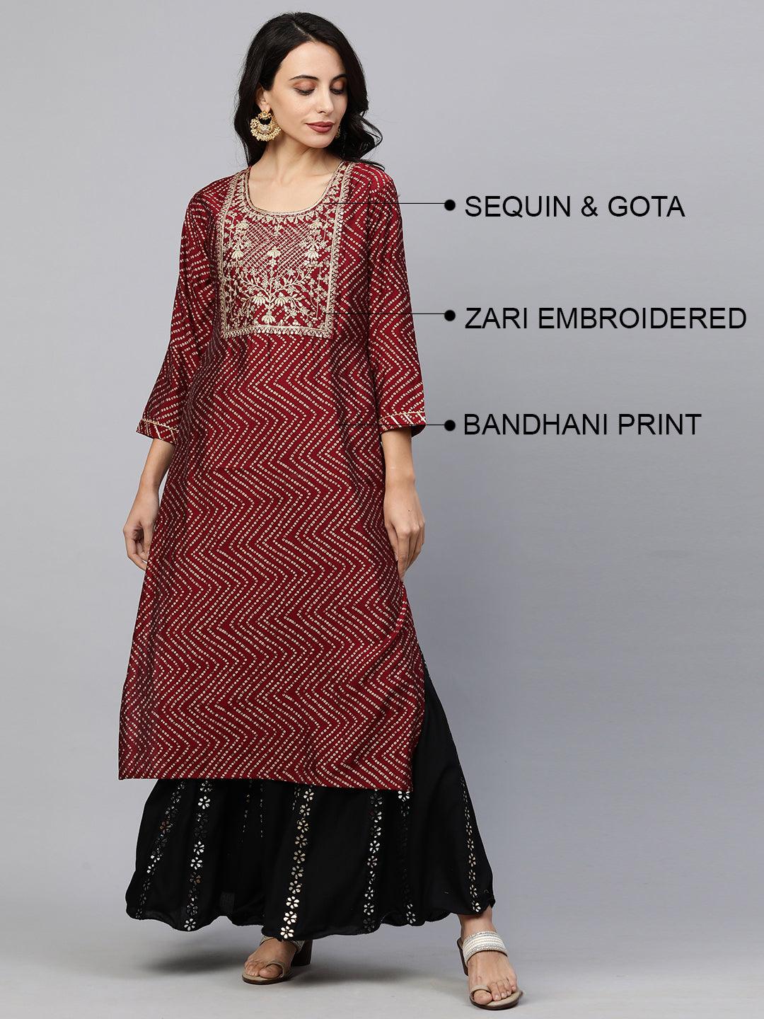 Festive Zari Embroidered & Bandhani Kurta - Deep Maroon - Indiakreations