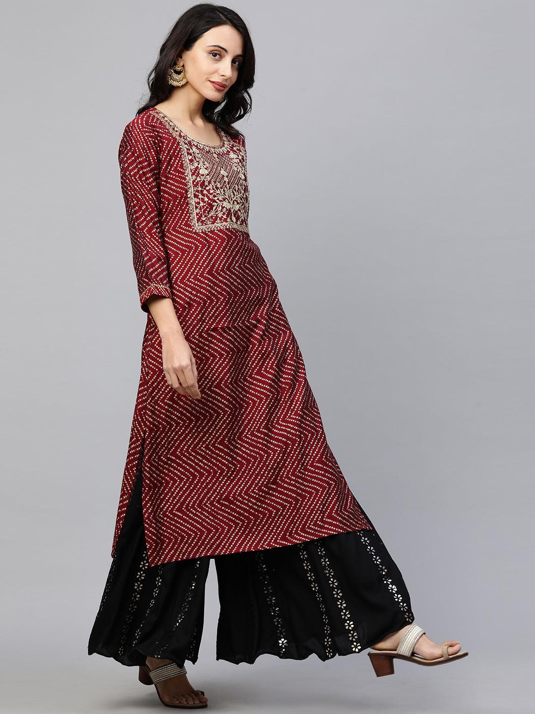 Festive Zari Embroidered & Bandhani Kurta - Deep Maroon - Indiakreations