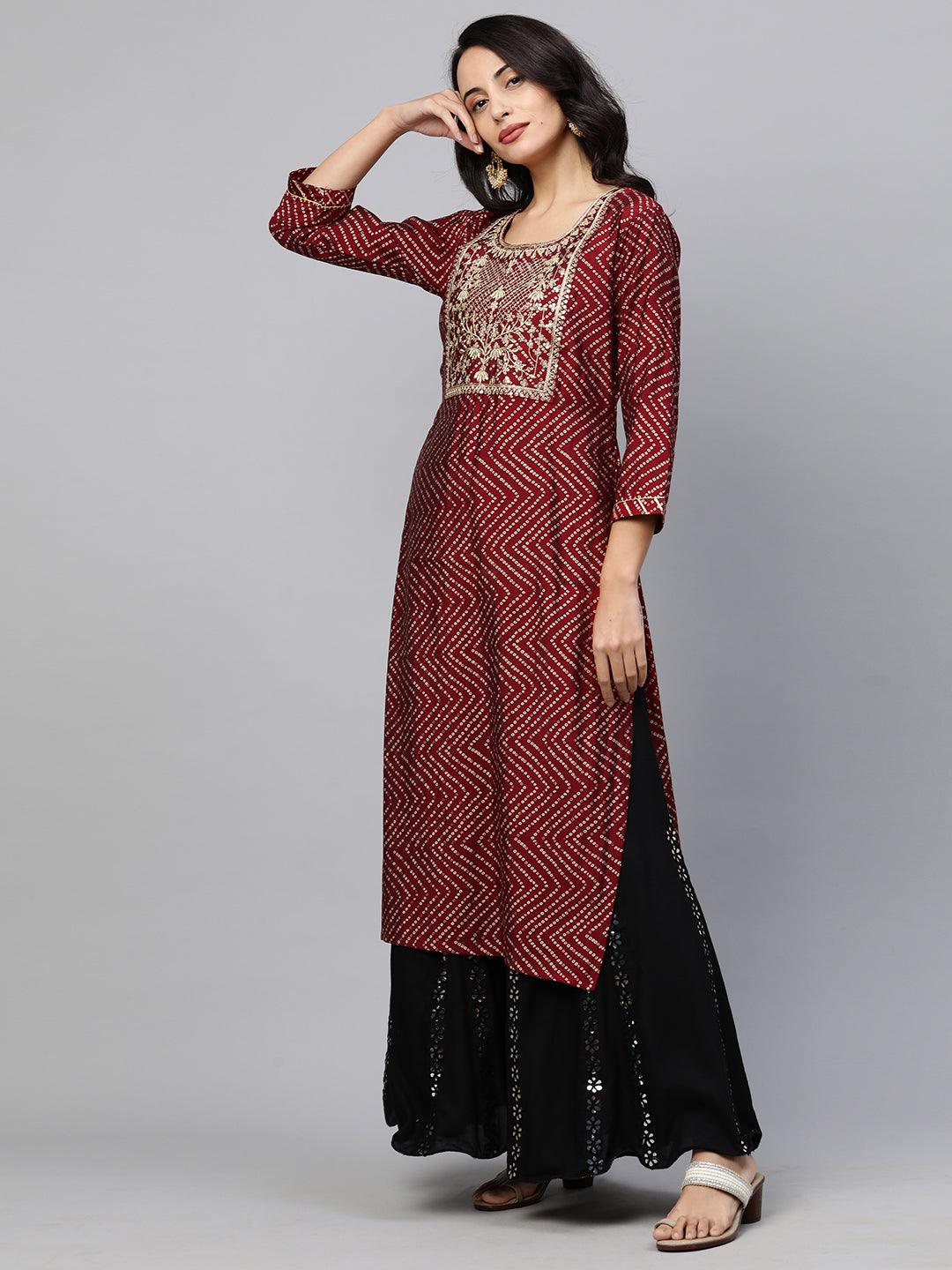 Festive Zari Embroidered & Bandhani Kurta - Deep Maroon - Indiakreations