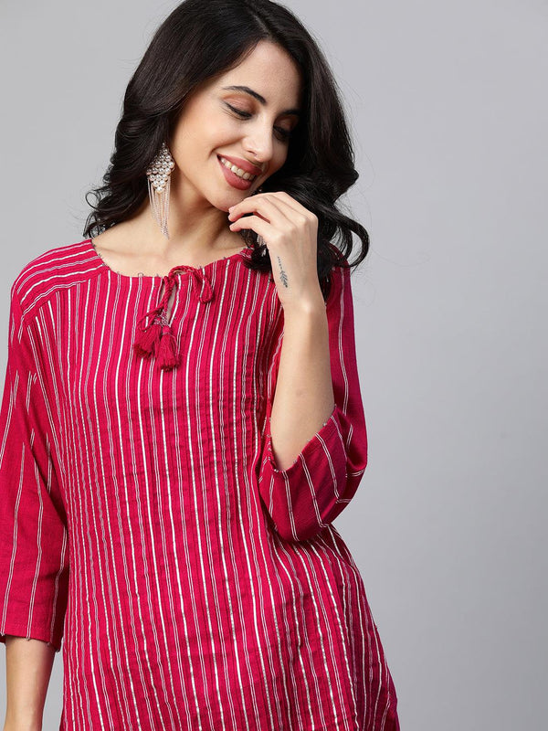 Gota & Pintuck Striped Straight Kurta - Magenta Pink - Indiakreations