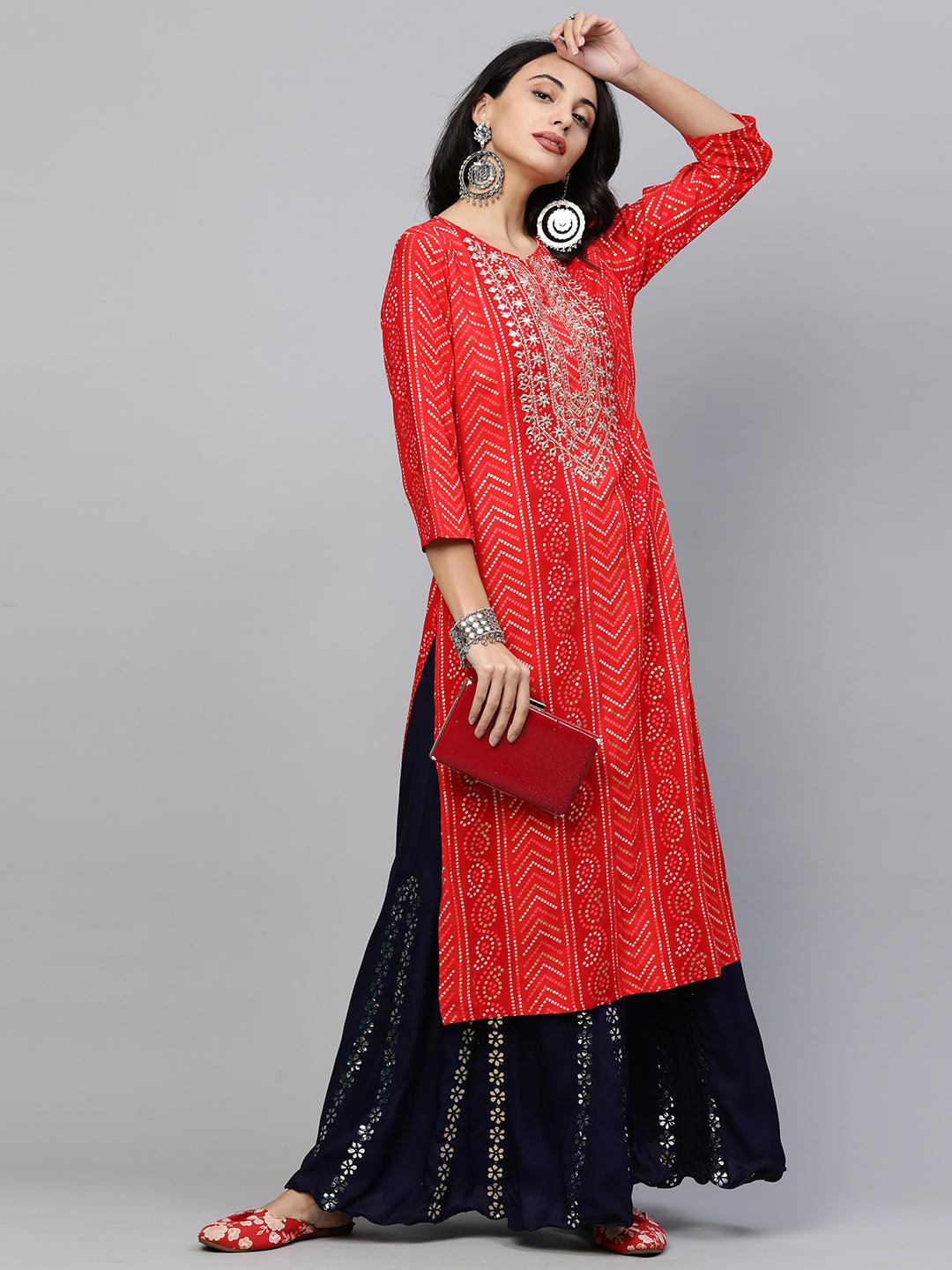 Festive Zari Embroidered & Bandhani Kurta - Maroon - Indiakreations