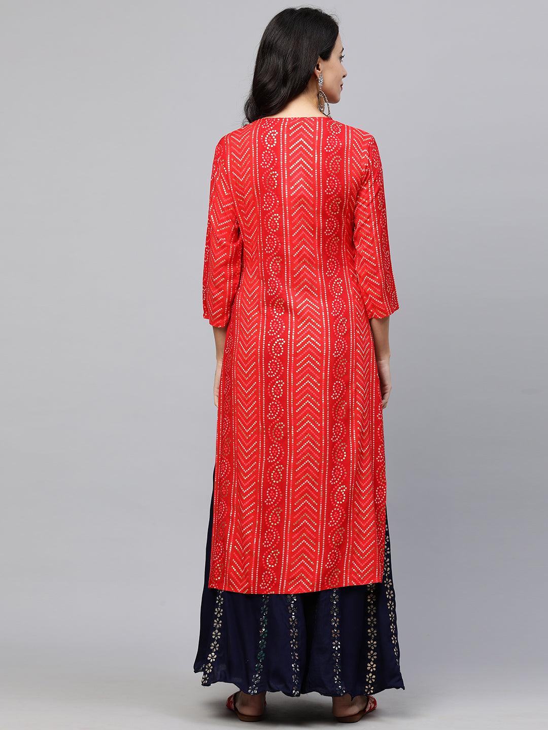 Festive Zari Embroidered & Bandhani Kurta - Maroon - Indiakreations