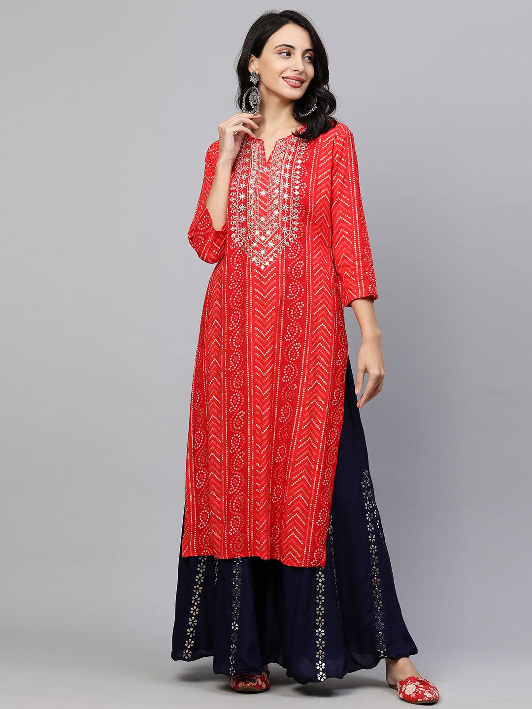 Festive Zari Embroidered & Bandhani Kurta - Maroon - Indiakreations