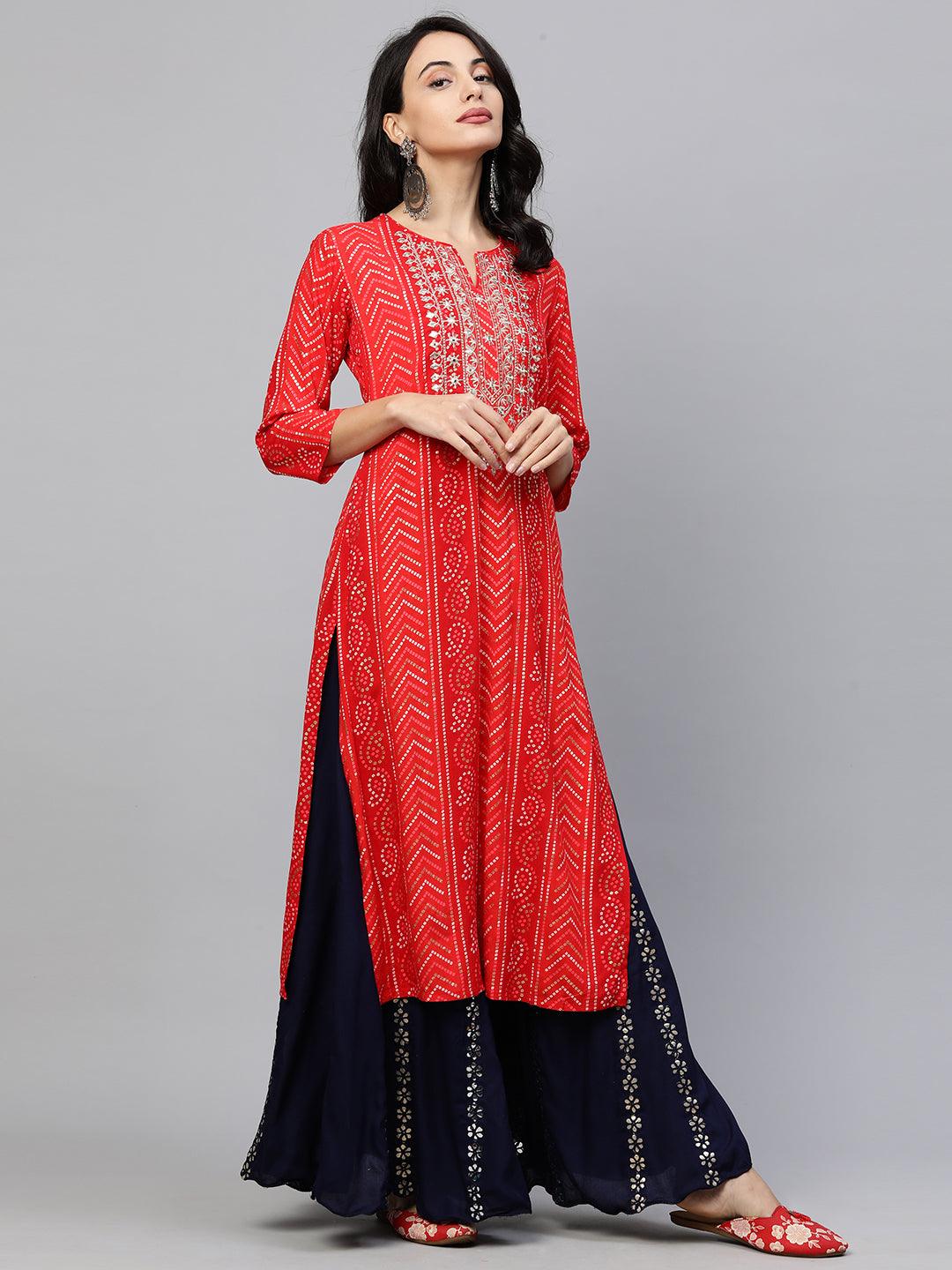 Festive Zari Embroidered & Bandhani Kurta - Maroon - Indiakreations