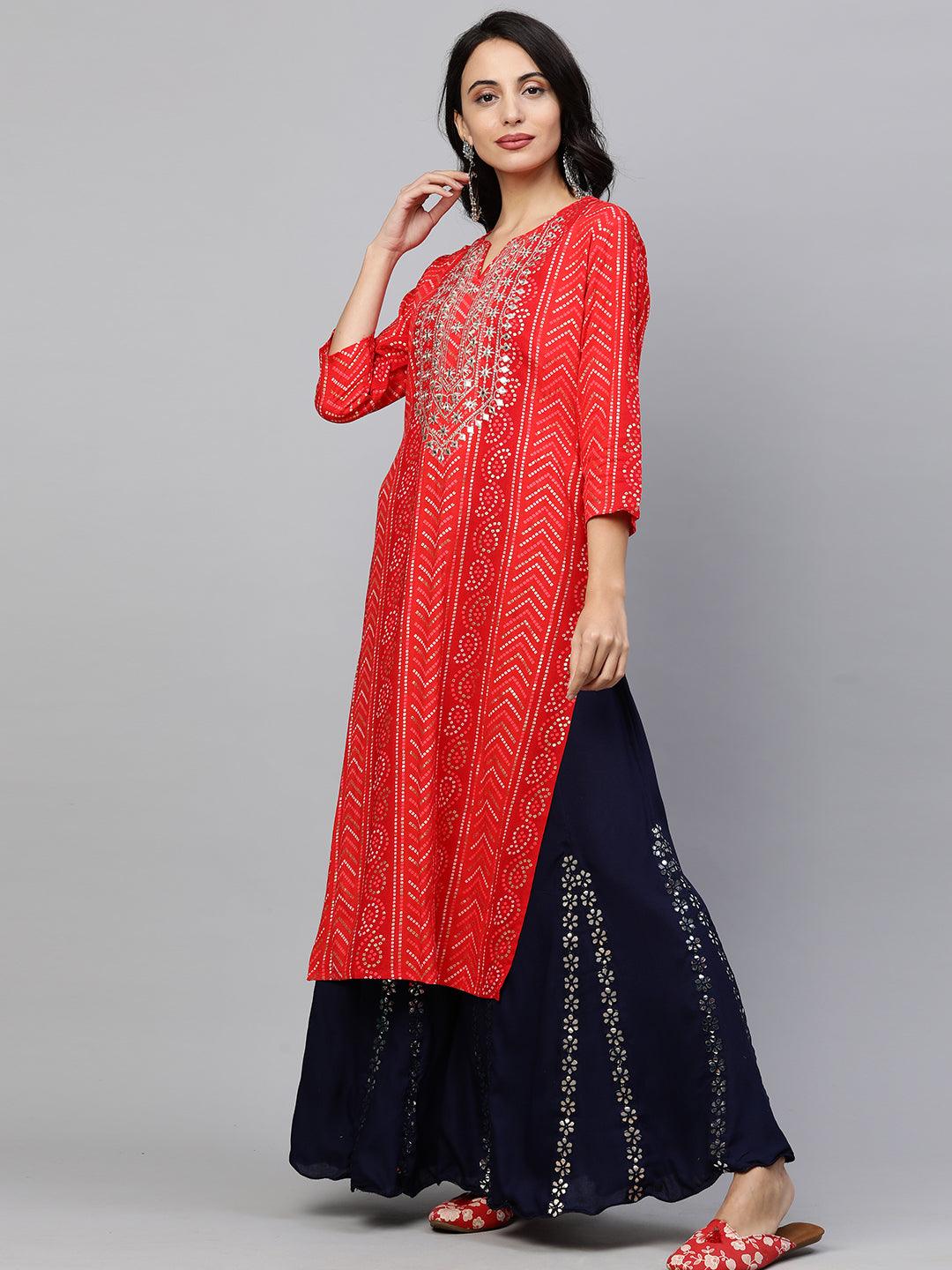 Festive Zari Embroidered & Bandhani Kurta - Maroon - Indiakreations