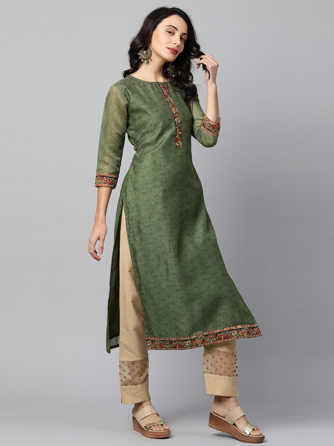 Kalamkari Printed Kurta and Dupatta with Kantha work - Mehandi Green - Indiakreations