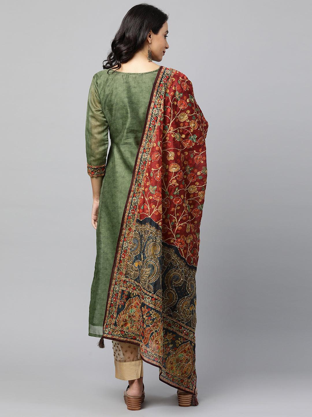 Kalamkari Printed Kurta and Dupatta with Kantha work - Mehandi Green - Indiakreations