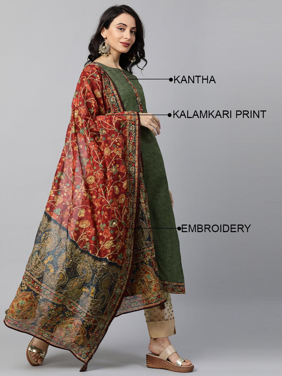 Kalamkari Printed Kurta and Dupatta with Kantha work - Mehandi Green - Indiakreations