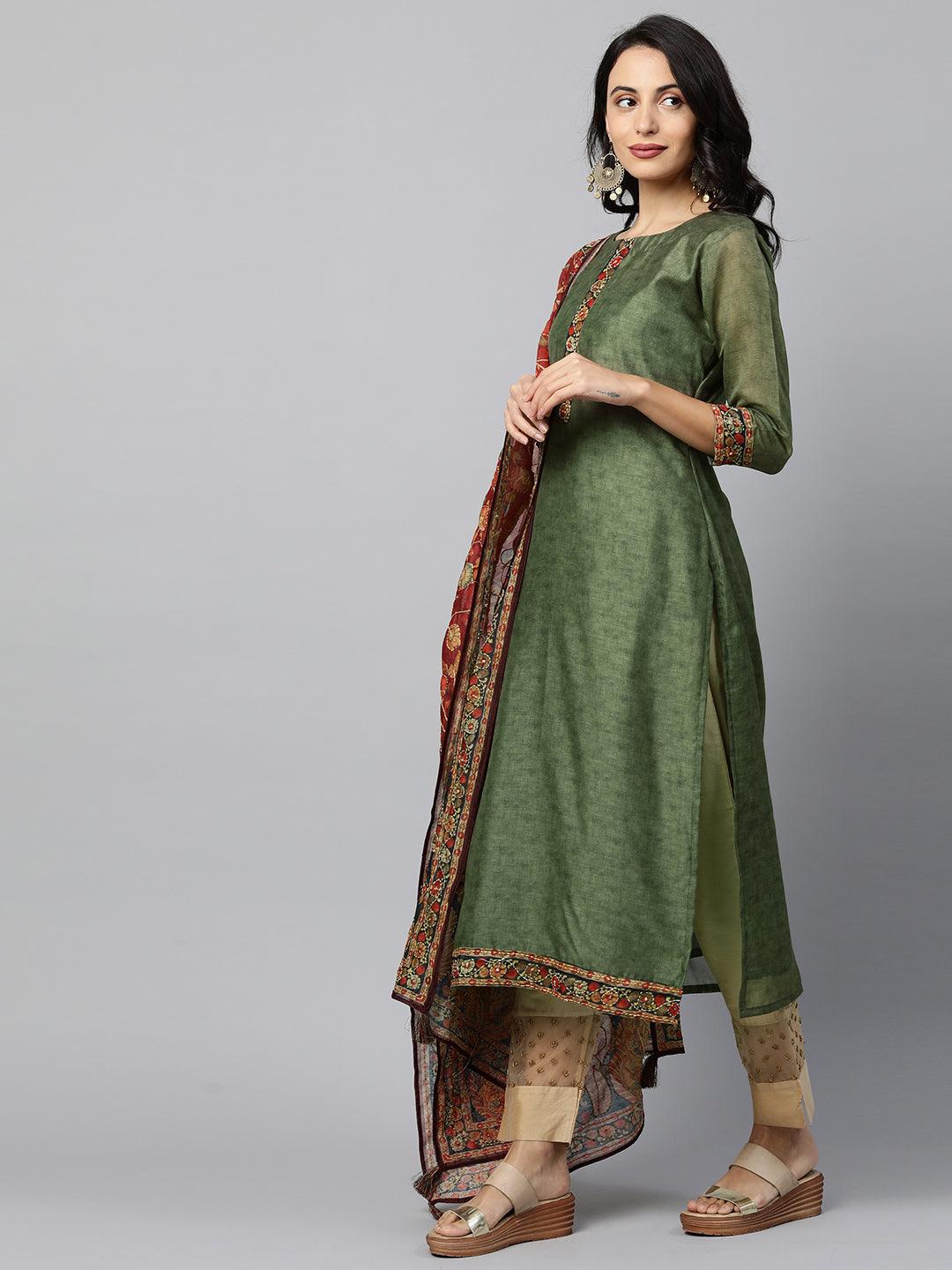 Kalamkari Printed Kurta and Dupatta with Kantha work - Mehandi Green - Indiakreations