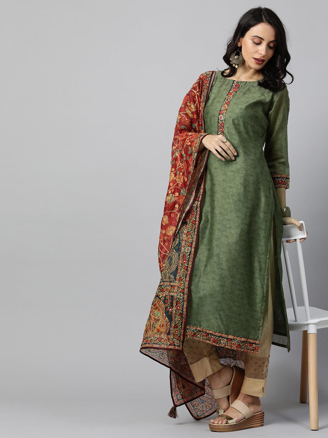 Kalamkari Printed Kurta and Dupatta with Kantha work - Mehandi Green - Indiakreations