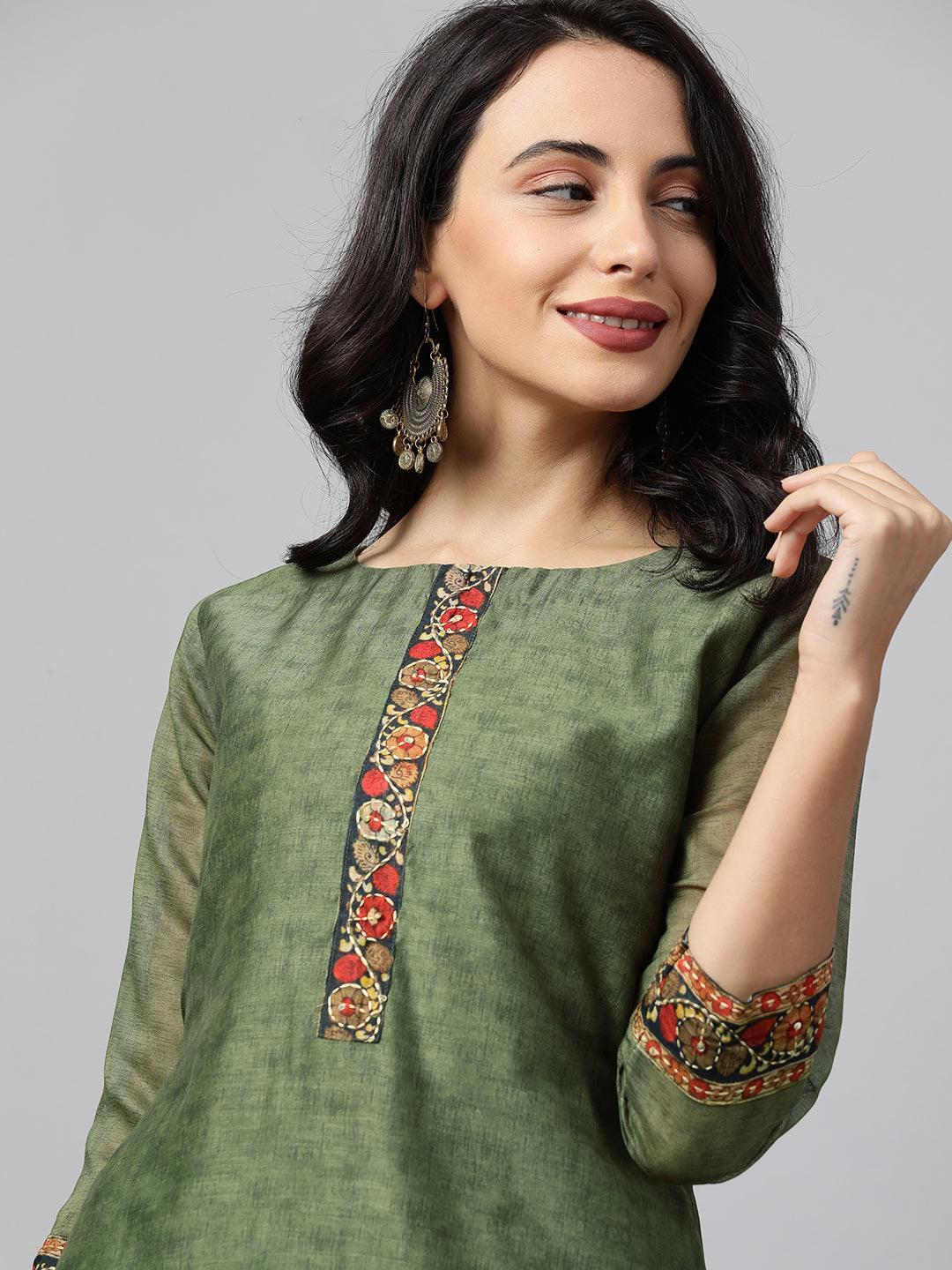 Kalamkari Printed Kurta and Dupatta with Kantha work - Mehandi Green - Indiakreations