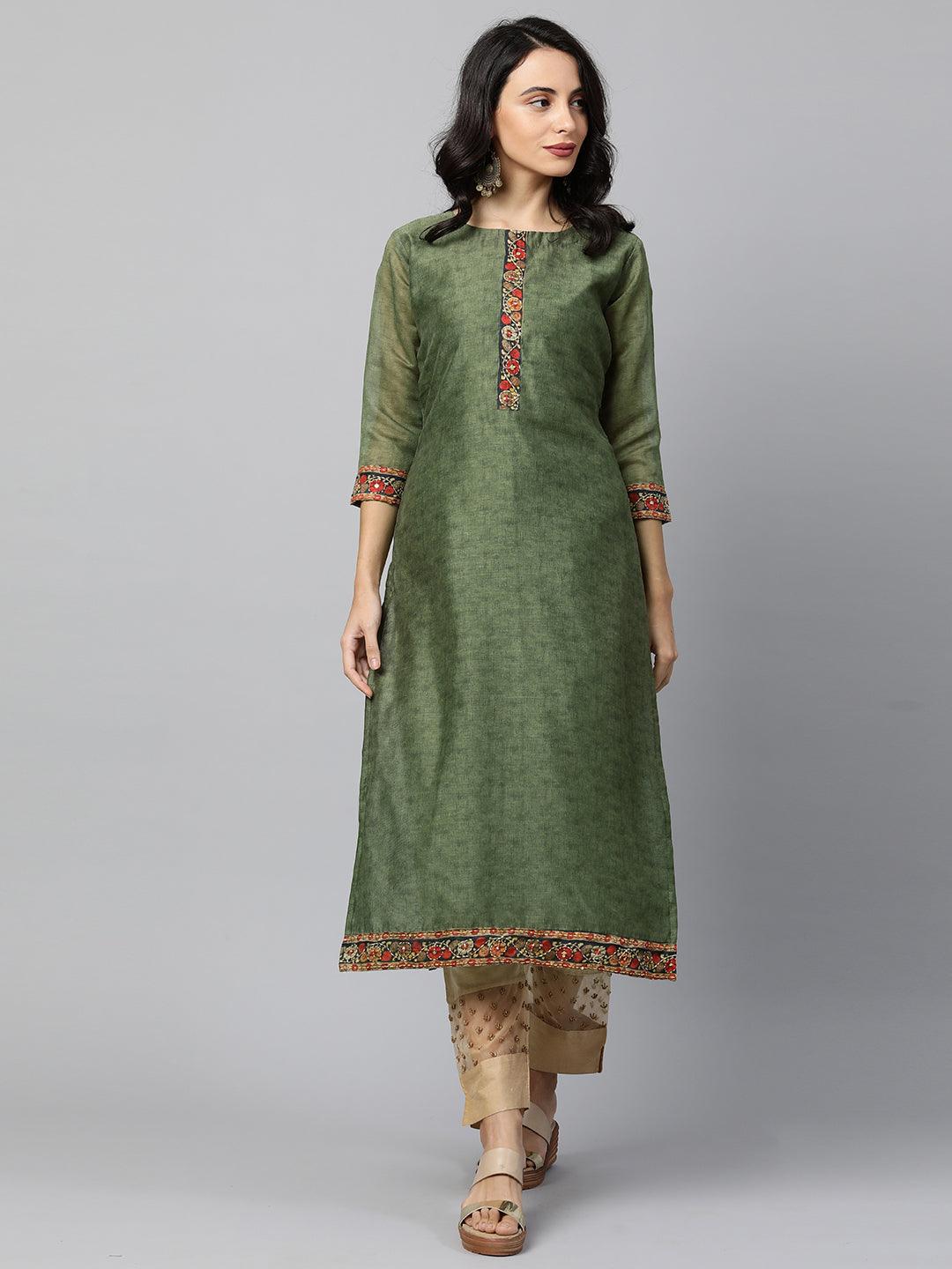 Kalamkari Printed Kurta and Dupatta with Kantha work - Mehandi Green - Indiakreations