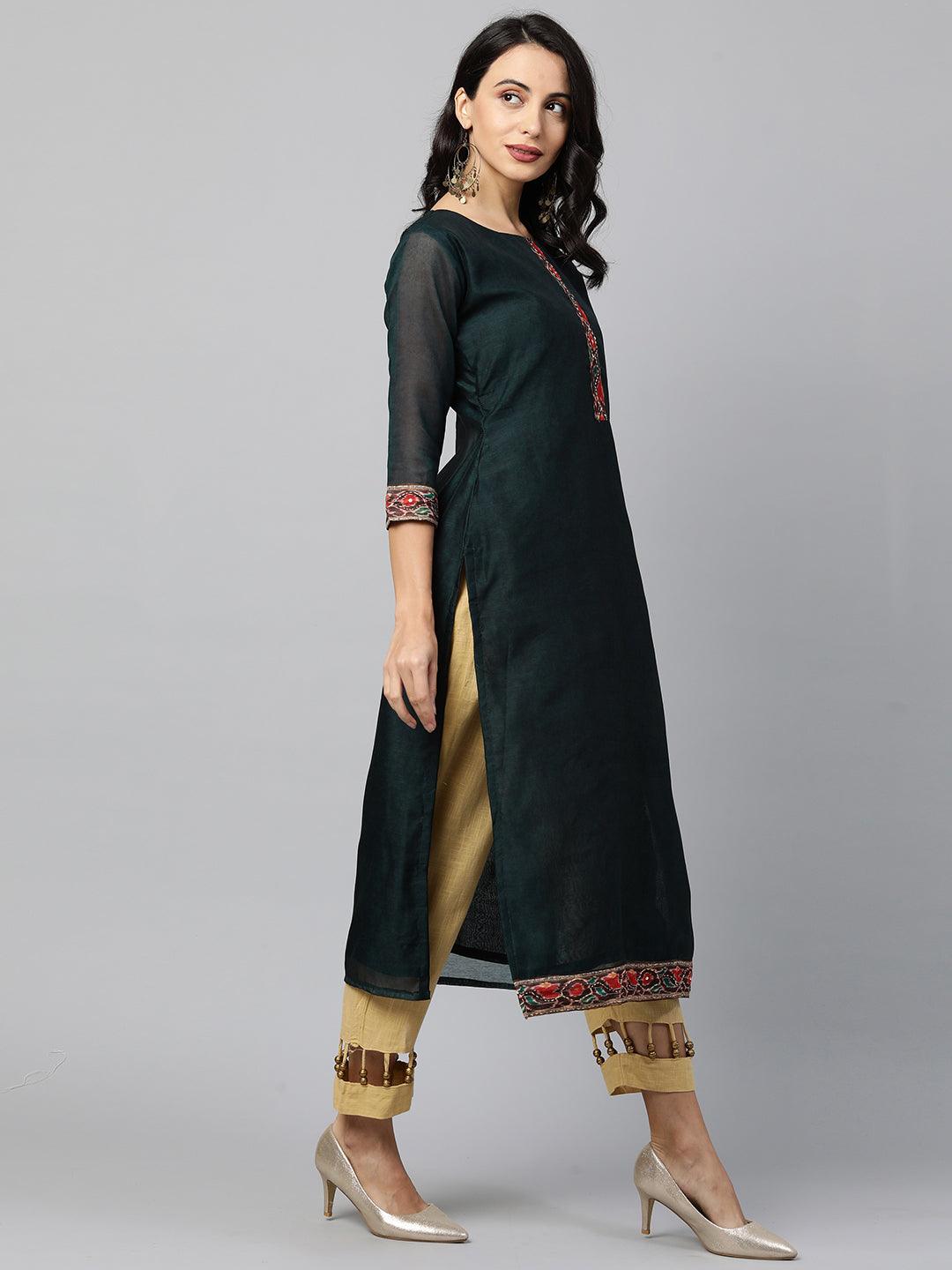 Kalamkari Printed Kurta and Dupatta with Kantha Work - Emerald Green - Indiakreations