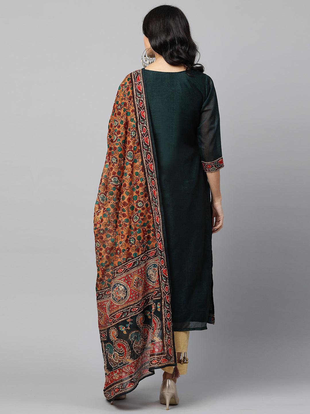 Kalamkari Printed Kurta and Dupatta with Kantha Work - Emerald Green - Indiakreations