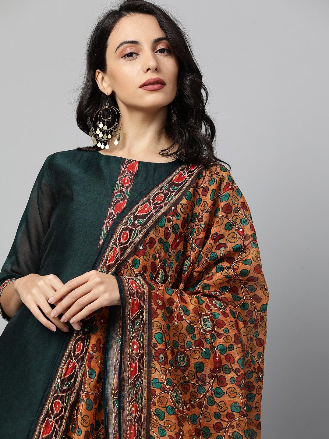 Kalamkari Printed Kurta and Dupatta with Kantha Work - Emerald Green - Indiakreations