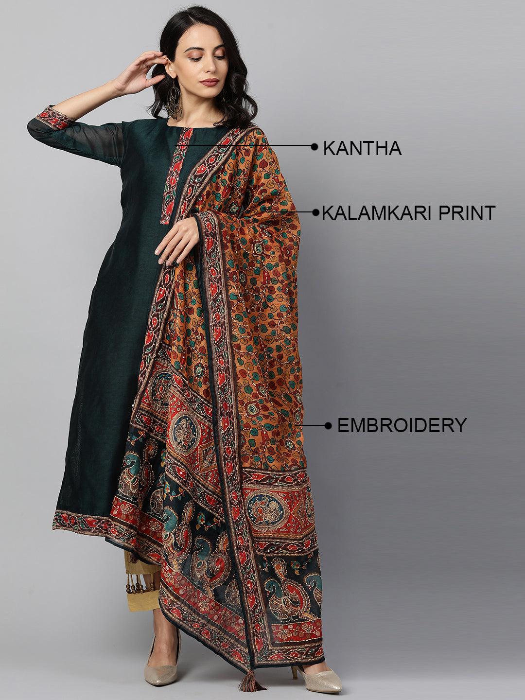 Kalamkari Printed Kurta and Dupatta with Kantha Work - Emerald Green - Indiakreations