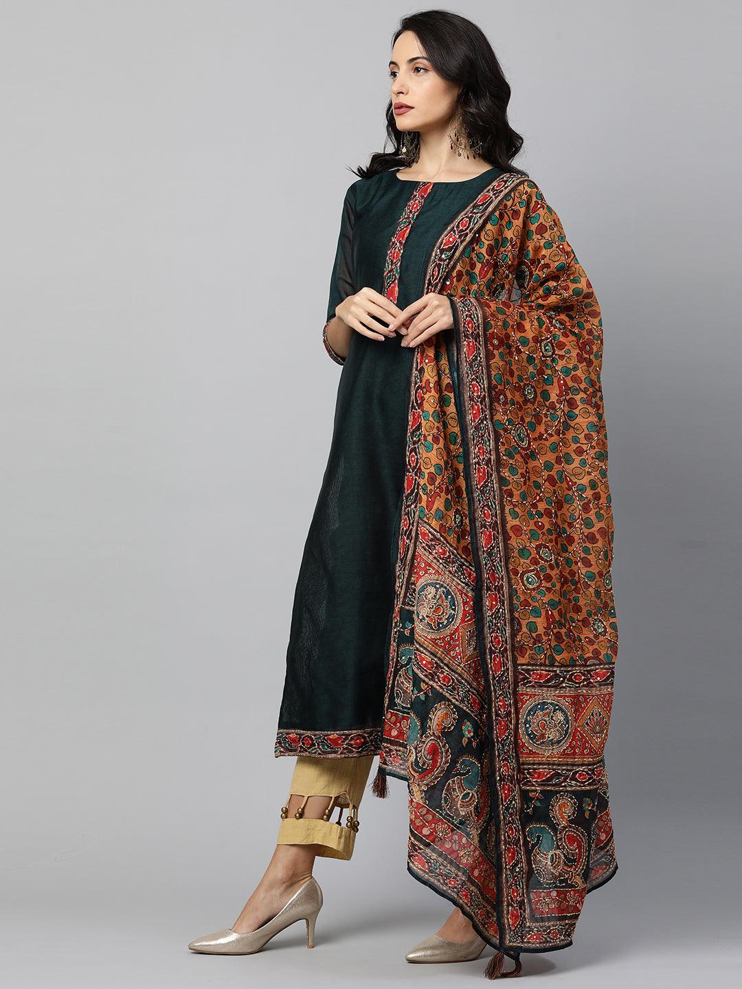 Kalamkari Printed Kurta and Dupatta with Kantha Work - Emerald Green - Indiakreations