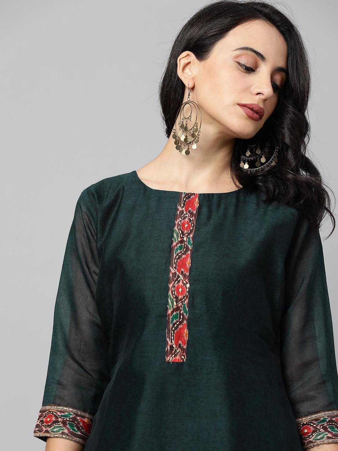 Kalamkari Printed Kurta and Dupatta with Kantha Work - Emerald Green - Indiakreations