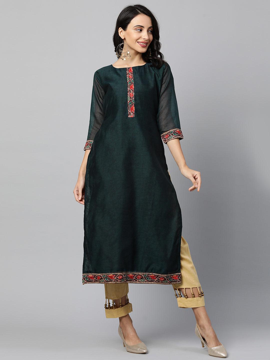 Kalamkari Printed Kurta and Dupatta with Kantha Work - Emerald Green - Indiakreations