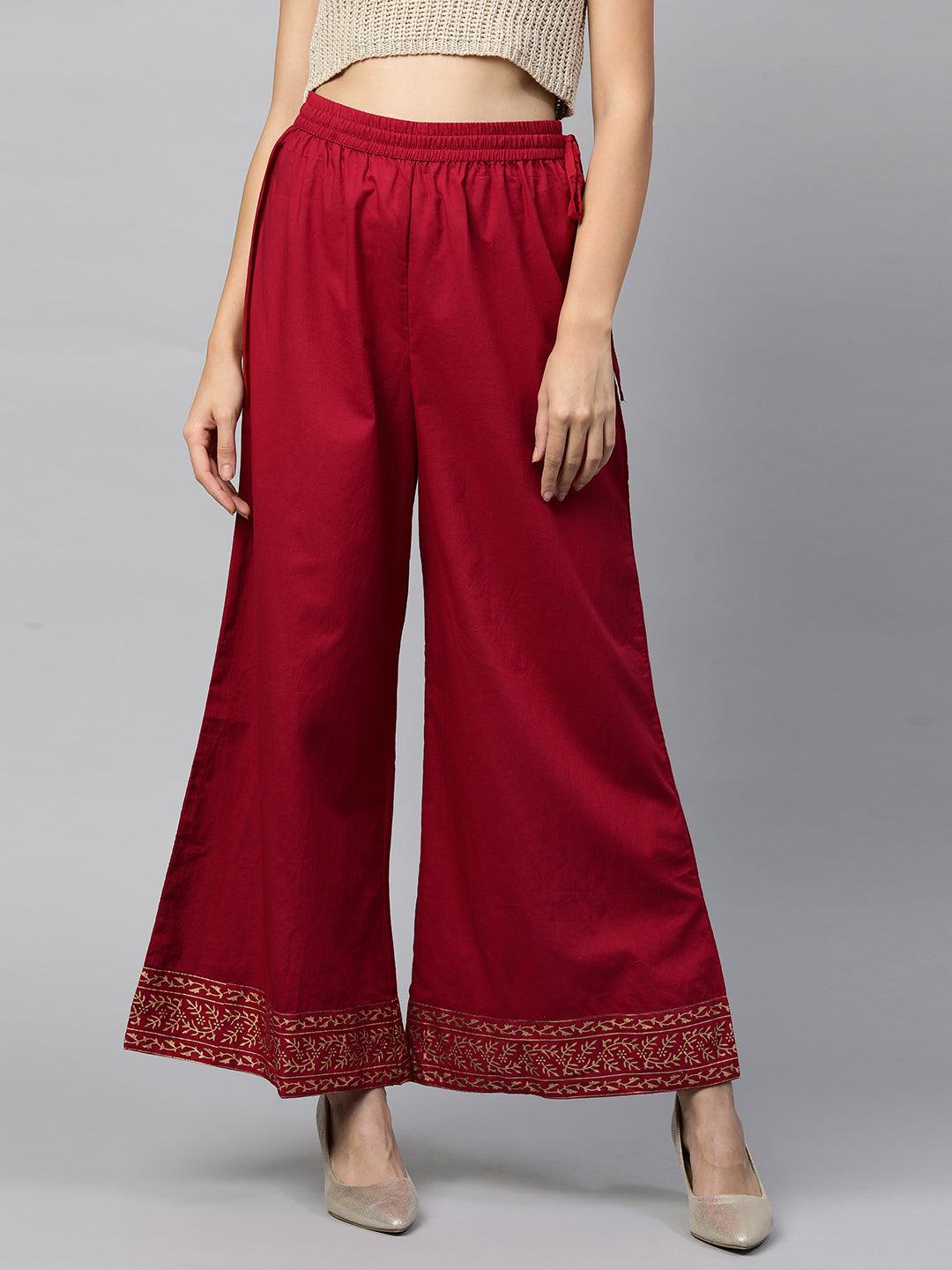 Ethnic Foil Printed Flared Palazzo - Deep Red - Indiakreations