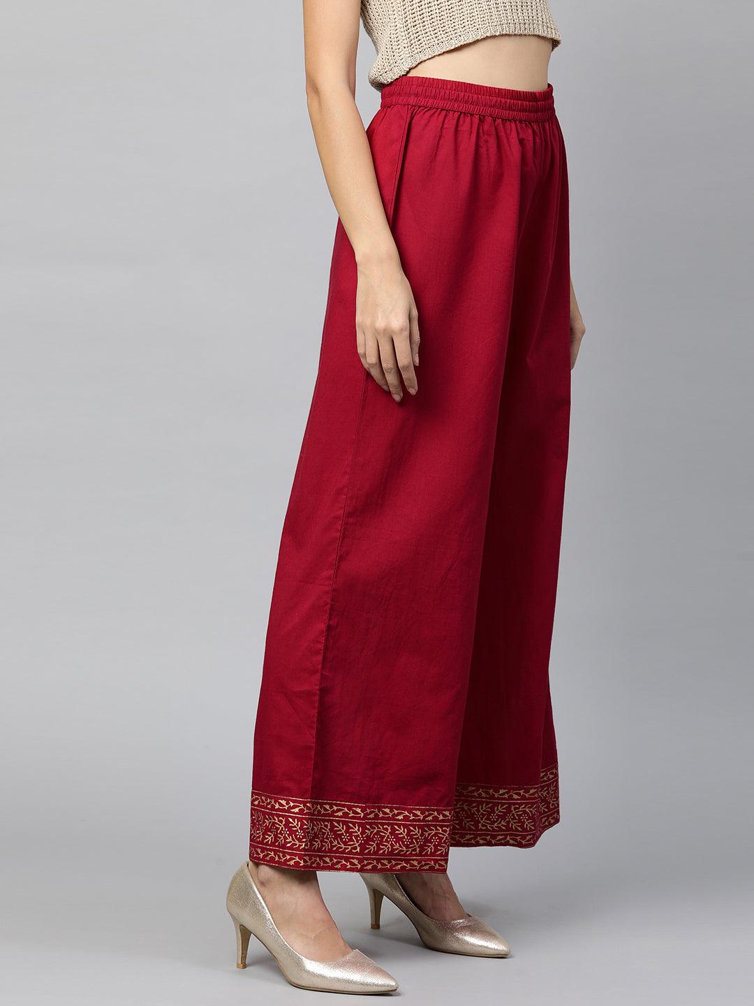 Ethnic Foil Printed Flared Palazzo - Deep Red - Indiakreations