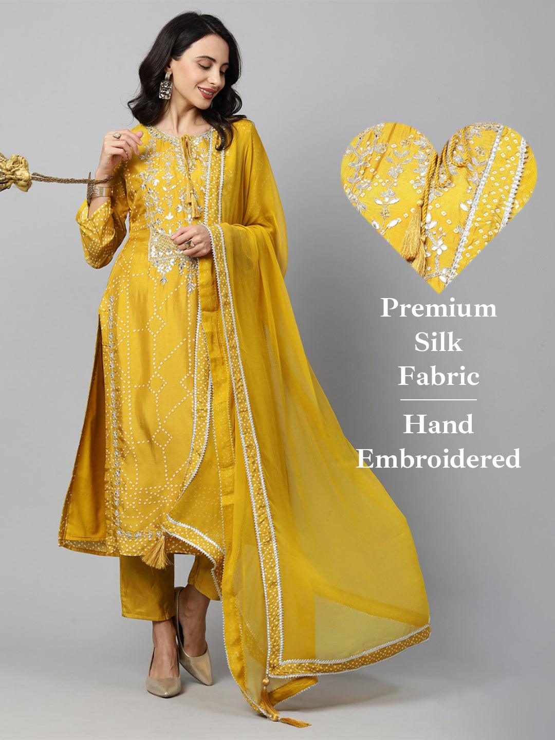 Bandhani & Gota Patti Embroidered Kurta with Solid Pant & Dupatta - Mustard - Indiakreations