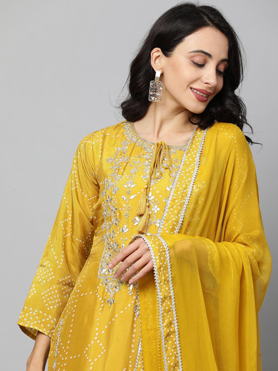 Bandhani & Gota Patti Embroidered Kurta with Solid Pant & Dupatta - Mustard - Indiakreations