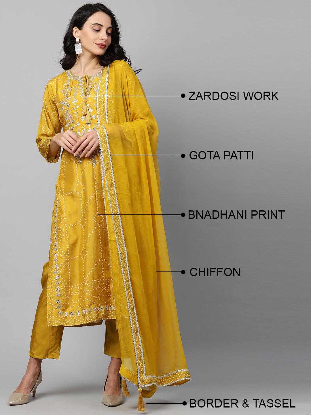 Bandhani & Gota Patti Embroidered Kurta with Solid Pant & Dupatta - Mustard - Indiakreations