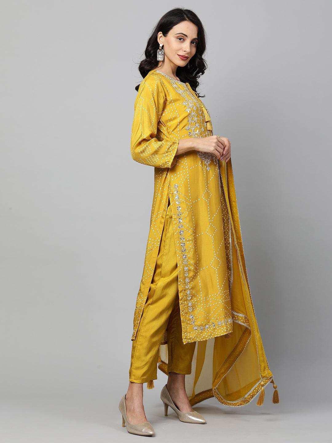 Bandhani & Gota Patti Embroidered Kurta with Solid Pant & Dupatta - Mustard - Indiakreations