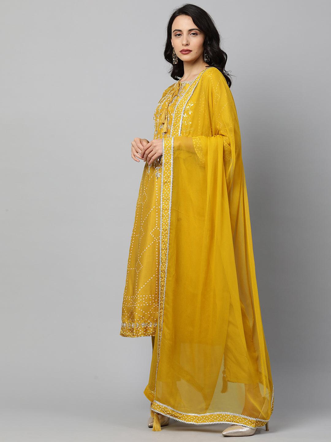 Bandhani & Gota Patti Embroidered Kurta with Solid Pant & Dupatta - Mustard - Indiakreations