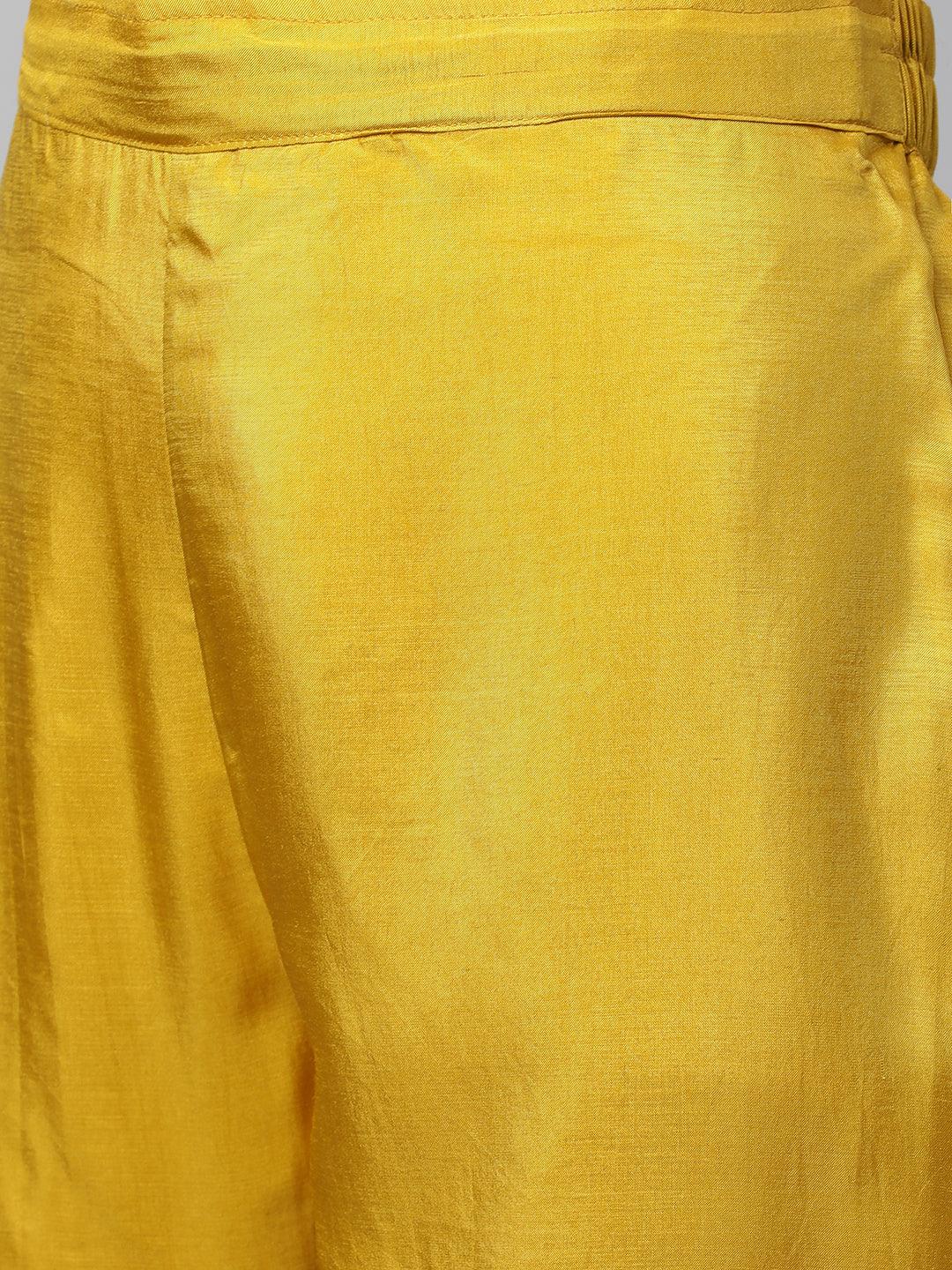 Bandhani & Gota Patti Embroidered Kurta with Solid Pant & Dupatta - Mustard - Indiakreations