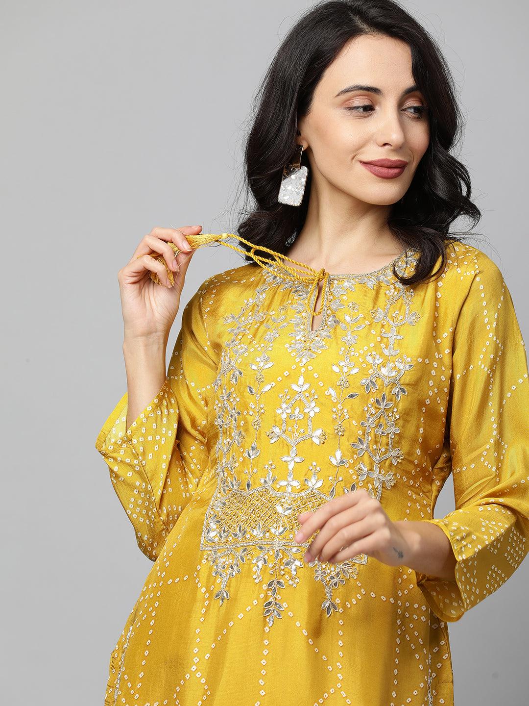 Bandhani & Gota Patti Embroidered Kurta with Solid Pant & Dupatta - Mustard - Indiakreations